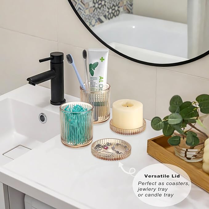 2 Pack Glass Qtip Holder with Lid, Qtip Dispenser Bathroom Storage Jars- Glass Apothecary Jars for Cotton Ball, Swab, Pads, Floss Picks, Bathroom Accessories Organization and Vanity Organizer (Amber)