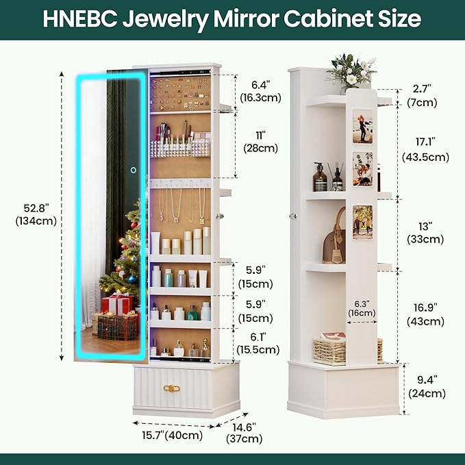 HNEBC LED Jewelry Cabinet Standing, Full Length Mirror with Storage/3 Color Adjustable LIghts, Jewelry Armoire has 3 Photo Frames/4 Shelfs/1 Drawer,Space-Saving Organizer,Christmas Gifts for Women