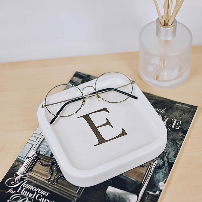 I'm Wooden Personalized Letter Catchall Valet Tray Trinket Dish Jewelry Tray Key Bowl Decorative Plate Organizing Ring Earrings Necklaces Bracelet Watch Coins Wallet Holder (6"x6" Sq White E)