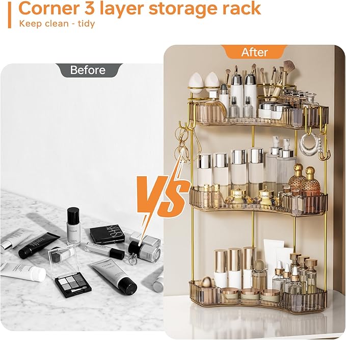 3-Tier Corner Bathroom Counter Organizer，Makeup & Skincare Shelf with Built-in Brush Holder，Space-Saving Bathroom Countertop Organizer for Skincare, Perfume, Cosmetics(Green)