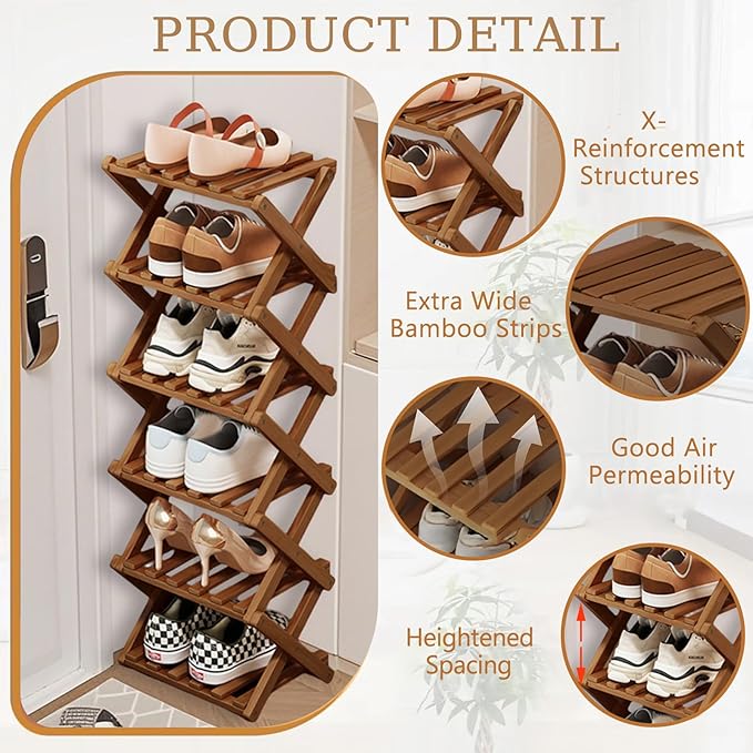Comeon Bamboo Shoe Rack, Foldable Vertical Shoe Rack for Front Door Entrance Narrow Shoe Organizer Small Shoe Shelf for Entryway Shoe Storage Closet Multi-Tier (Brown Colors,4 Layers)