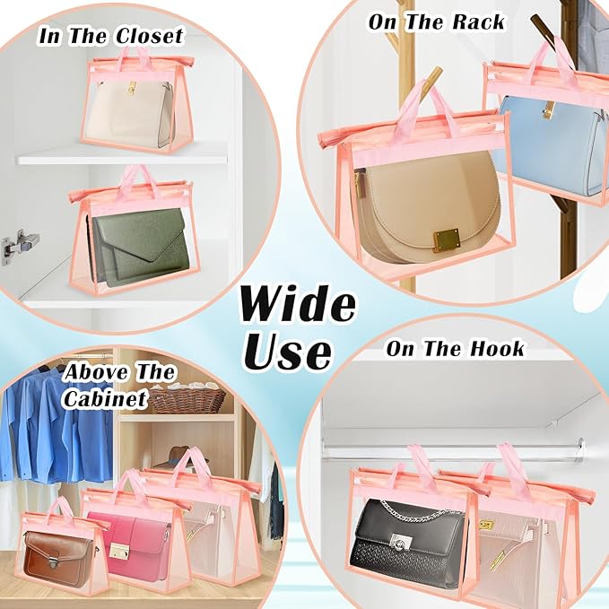 9 Pack Dust Bags for Handbags,Clear Handbag Storage Organizers,3 Sizes Purse Storage Organizer for Closet,Purse Cover Hanging Closet Organizer with Zipper,Handles and Hooks(Pink)