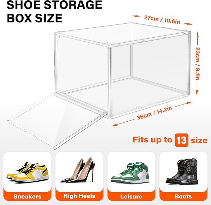 1 Pack Drop Front Clear Shoe Boxes Fit Size 13, Acrylic Shoe Organizer Stackable with Front Magnetic Door for Closet, Entryway, Underbed, Multiple Clear Display Cases for Hats, Figures, Sneakers