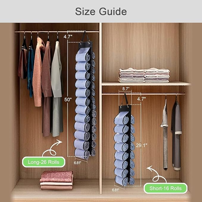 Legging Organizer Storage - 2PCS T Shirt Organizer, Hanging Closet Organizers and Storage with 16 Roll Independent Compartments for Yoga Pants, Towel, Bathing Suit (Black)
