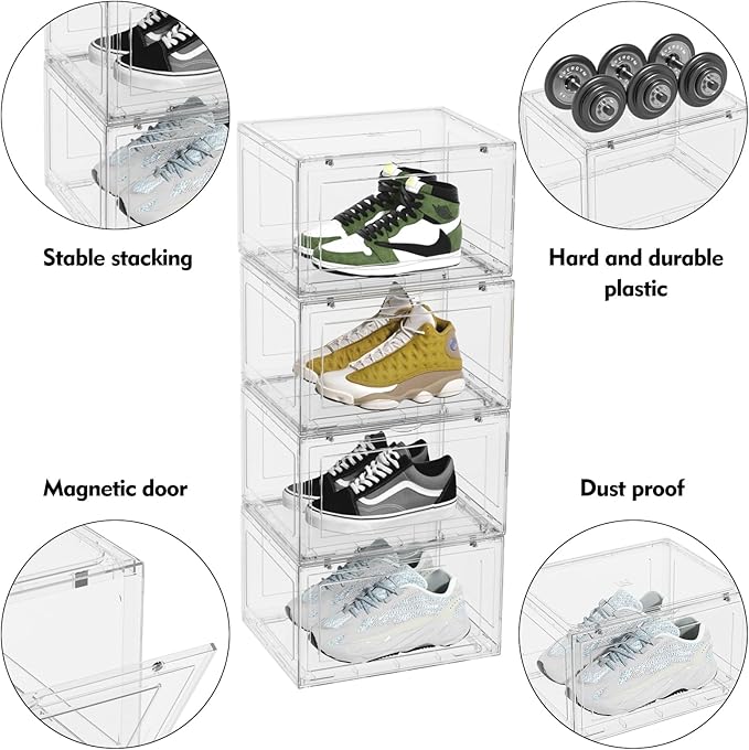 12 Packs Large Plastic Clear Shoe Boxes with Magnetic Door, Acrylic Display Case, Stackable Shoe Storage Organizer Container for Boot Sneaker