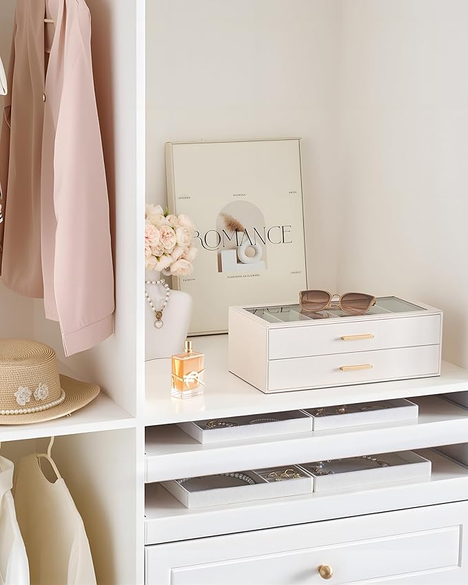 Lolalet Beige Sunglasses Storage Box for Women, Eyewear Eye Glass Organizer with Clear Top Lid Display Holder Case