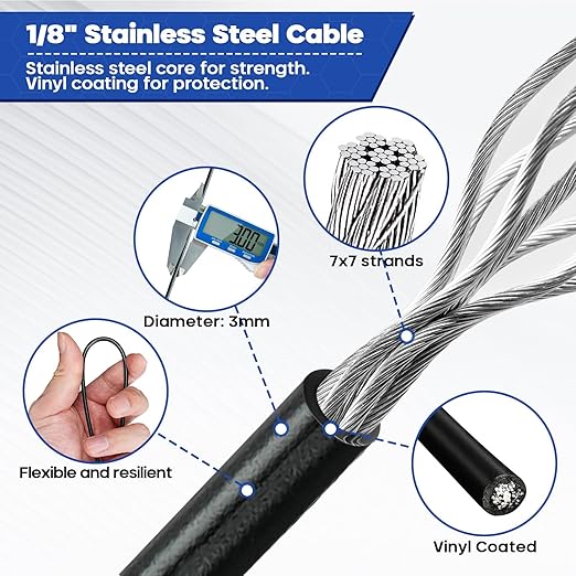 TooTaci 1/8 Black Vinyl Coated Stainless Steel Cable, 100ft Wire Rope with 50pcs Crimping Sleeves and 20pcs Thimbles, 7x7 Strand Core Metal Cable for String Light, Shade Sail, Clothesline, Curtain