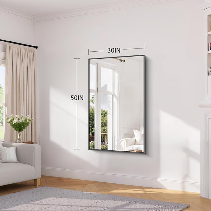 Koonmi Black Framed Bathroom Mirror - Shatterproof 30"x50" Tempered Glass, HD No Distortion, Horizontal/Vertical Mount, Modern Matte Aluminum Alloy Frame