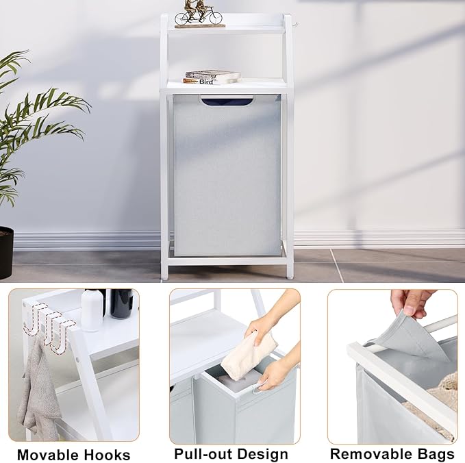 Laundry Hamper, Laundry Sorter, Rolling Laundry Basket with Wheels, 2 Shelves, 18 Gal(68L), Pull-Out and Removable Oxford Fabric Bags, White and Grey