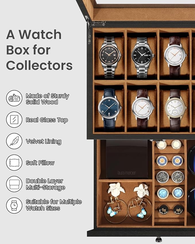 Uten 8-Slot Watch Box, 2-Layers Solid Wood Watch Display Case with Glass Lid, Watch Holder Organizer with Soft Pillow and Velvet Lining, Watch and Jewelry Storage Box