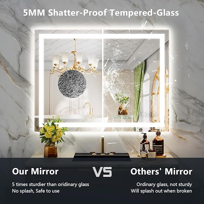 40x30 Inch LED Bathroom Mirror with Lights Front and Backlit Lighted Vanity Mirror for Bathroom Wall with 3 Colors Dimmable Anti-Fog Memory Shatter-Proof IP54 Waterproof Horizontal/Vertical
