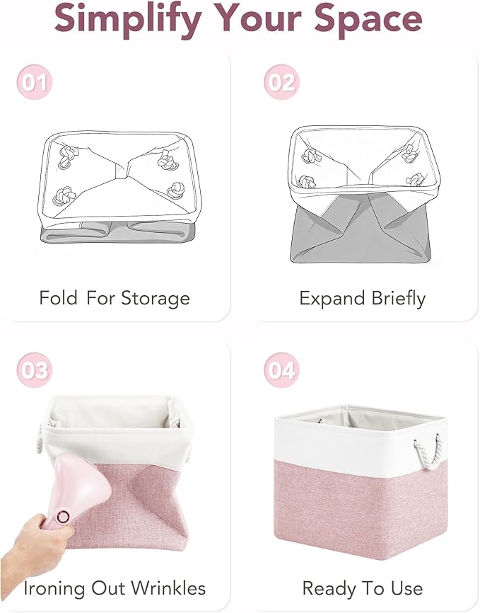 13x15x13 Storage Cube Bins, Heavy Duty Foldable Fabric Storage Bins with Handles and Metal Frame, 6 Pack Large Closet Organizer Bins for Clothes, Socks, Towels, White Pink