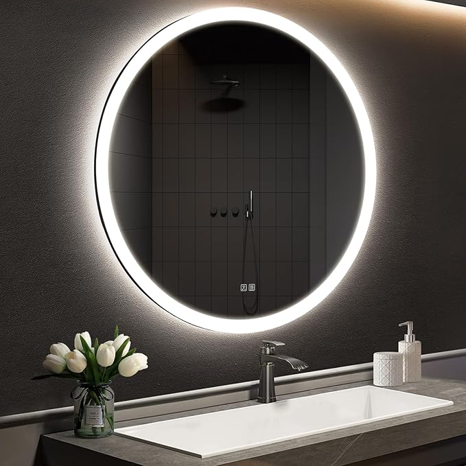APRILSOUL 48 Inch Round LED Bathroom Vanity Mirror with Front and Backlit, Led Mirror with Anti-Fog, 3 Colors and Dimmable Light