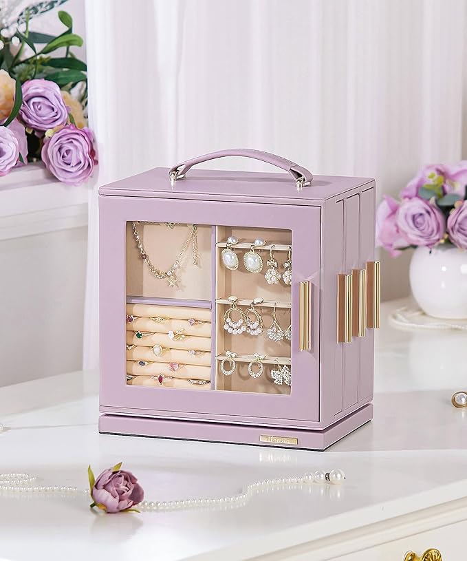 Homde Valentine's Day gifts Jewelry Box 360° Rotating, Necklace Earring Organizer with Transparent Window, Mirror, 7 Drawers, Large Ring Display Storage Case for Girls Women (Grey Purple)