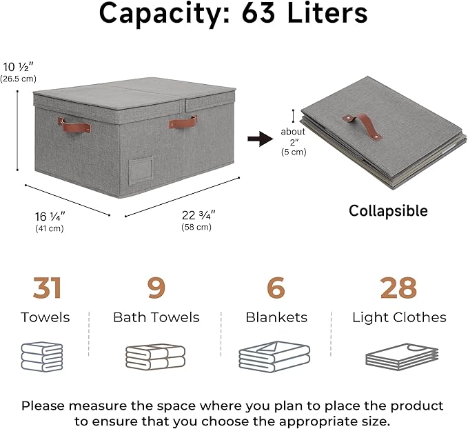 GRANNY SAYS Large Storage Bins with Lids, Decorative Storage Boxes, Collapsible Fabric Storage Bins with Double-Open Lid and Divider, 63L Linen Sorage for Closet, Dark Gray