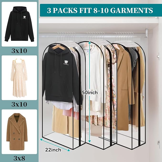 10” Gusseted Clear Garment Bags, 40” Hanging Suit Bags for Closet Storage - Protect Clothes, Suits, Coats, Dresses - 3 Pack (50 inch)