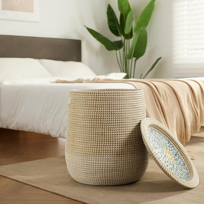 Laundry Baskets Hamper with Removable Laundry Bag, 2 Pack Pure Handwoven Storage Basket, Natural Seagrass Decorative Clothes Hamper for Living Room household, Toy Blanket Plant Organization