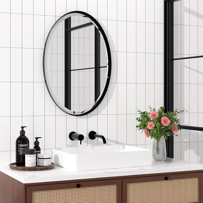 POZINO Oval Bathroom Mirror, 22"x30" Black Beveled Mirrors, Rounded Mirror for Over Sink, Modern Vanity Wall Mirror in Premium Stainless Steel Frame, Wall Mount Hangs Horizontal Or Vertical