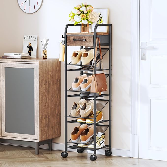 SWTYMIKI Rolling Vertical Shoe Rack - Shoe Tower with Drawer and Hooks, Shoe Storage Organizer for Entryway Closet Bedroom, Space-Saving Wood and Metal Narrow Shoe Shelf, Espresso