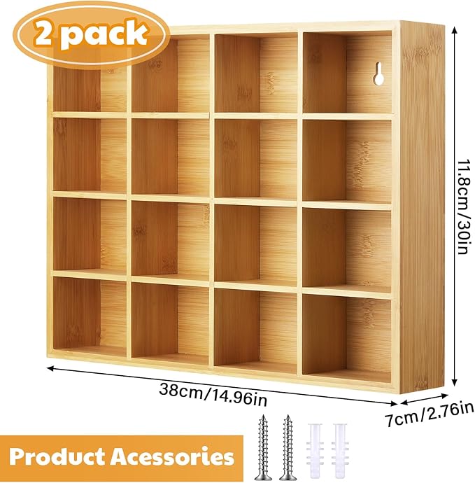 Wesiti Tie Box Organizer Wall Mounted Tie Rack with 16 Compartments Bamboo Belt Holder for Men Scarf Necktie Home Wall Closet(Wood Color,2 Pieces)
