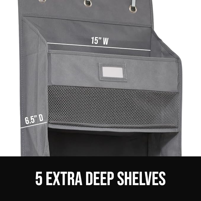 GORILLA GRIP Over The Door Organizer Storage, 5 Deep Hanging Shelves, Holds 50lbs, Closet Organizers Shelf for Bedroom, Bathroom, Nursery, Dorm Essentials, 3 Metal Hooks, 58x15 Inches, Grey