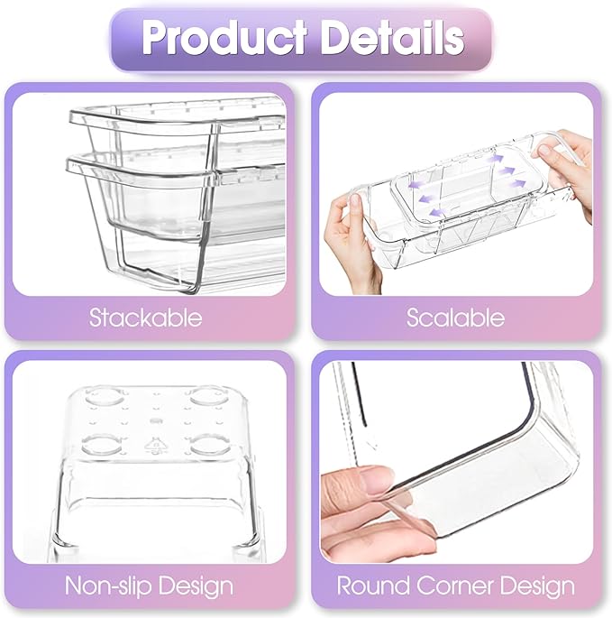 25 Pcs Extendable Clear Drawer Organizer, Adjustable Vanity Storage Box, 3-Size Desk Drawer Organizer, Non-Slip Storage Bins for Cosmetics, Jewelries, Stationeries, Tools, Cutleries, Toiletries