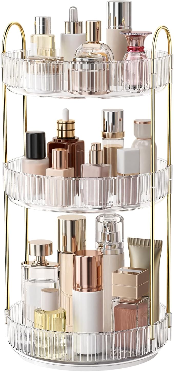 360° Rotating Makeup Organizer, Large Capacity Skincare Organizer, 3 Tier Cosmetic Skin Care Perfume Dresser Organizer, Fits Cosmetics, Perfume, Skin Care, Lipstick