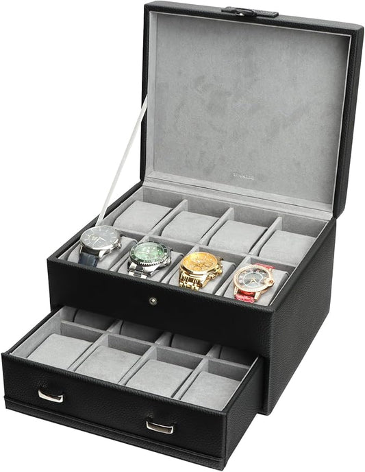 SANZIE 16-Slot Watch Box for Mens Watch Case with Removable Watch Pillows, Watch Holder Organizer Watch Storage with Grey Lining & Black Synthetic Leather (Black)
