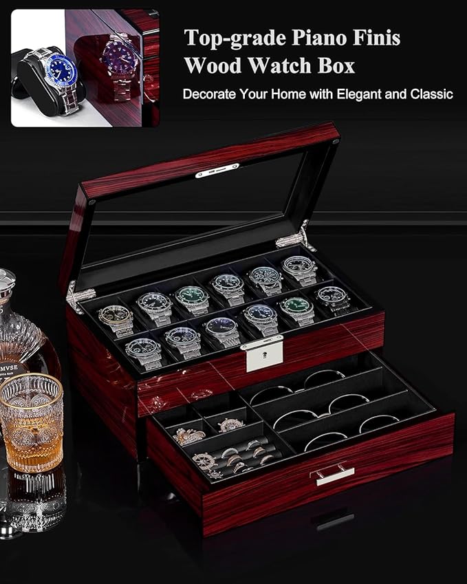ANWBROAD Watch Box for Men, 12 slot Watch Cases with Glass Lid, 2-Layer Wooden Watch Display Case for Jewelry and Watch Organizer for Men Women, Ideal for Gifting with a Present Box, Lockable UJWB003Y