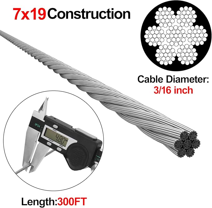 BLIKA 300FT 3/16" Stainless Steel Cable, 304 Stainless Steel Decking Railing Cable with 7 x 19 Strand Construction, 3700lbs Breaking Strength Marine Grade for Rail, Deck and DIY Balustrade