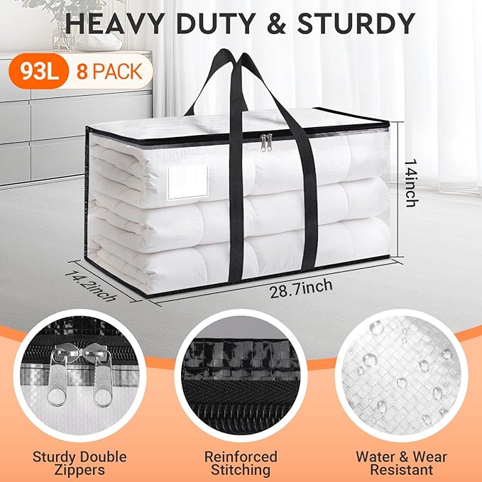 HomeHacks Clear Moving Bags Heavy Duty 8 Pack, Storage Bags with Zipper, Extra Thick Handles & Waterproof Packing Boxes for Moving, Camping, Home Organization 93L/24Gal (28.7"x14.2"x14")