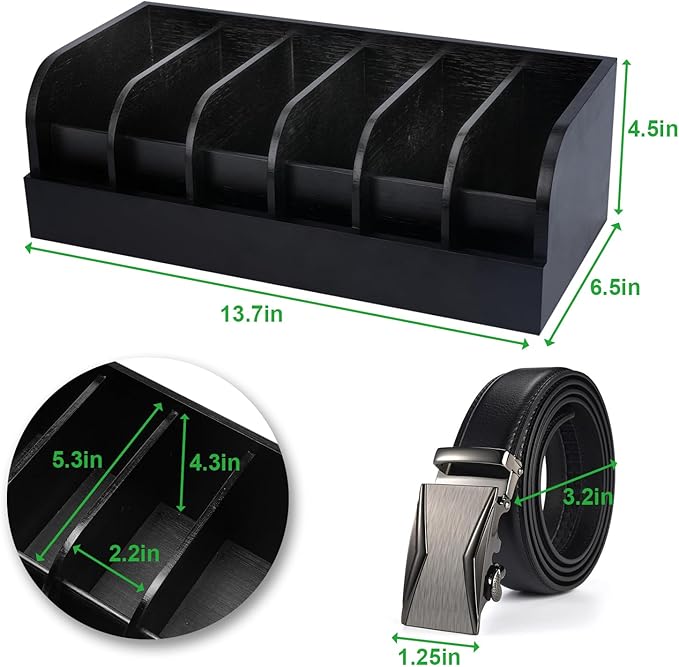 GTI Belt Organizer, 6 Compartments Belt Organizer for Closet and Drawer, Bamboo Display Case for Tie and Belt, Belt Storage Organizer for Men Women (Black)