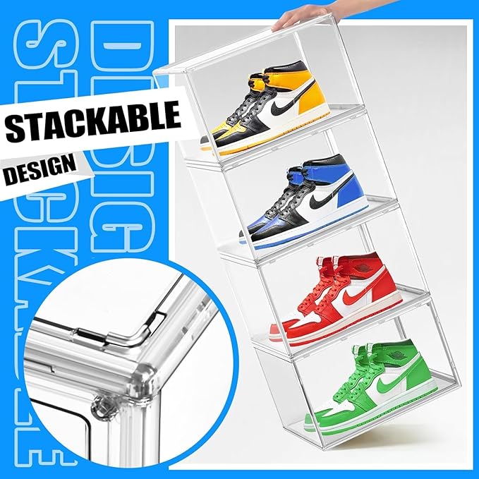 12 Pack Acrylic Shoe Large Storage Box with Magnetic Door Size 13 Clear Stackable Shoe Organizer for Closet Space Saving Shoe Cabinet Sneaker Display Case