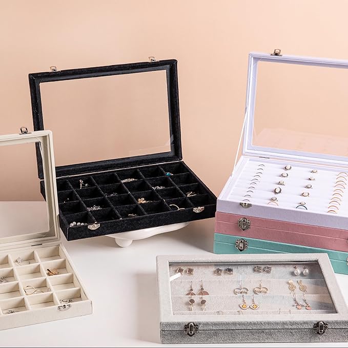 Frebeauty Jewelry Organizer Tray with Clear Lid 24 Grid Velvet Drawer Insert Jewelry Storage box with Transparent Glass lid Jewelry Display Case with Lock Gifts for Girls Women (Pink, 24 Grid)