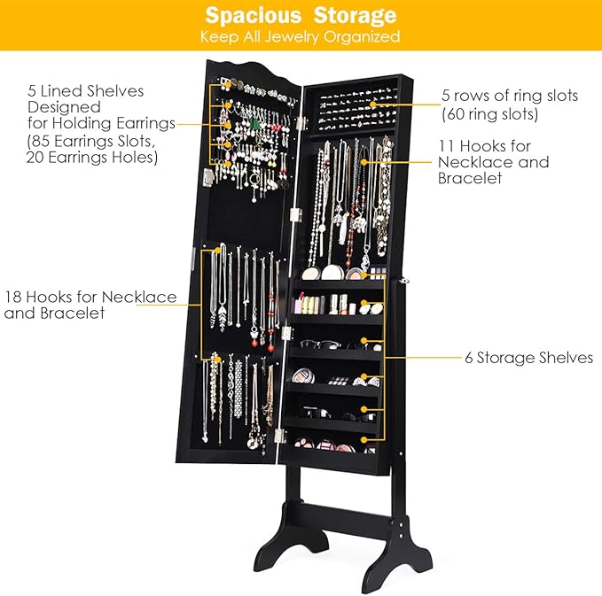 Giantex Jewelry Armoire with Full Length Mirror, Lockable Standing Jewelry Cabinet, Mirror with Jewelry Storage, Ring Earring Necklace Makeup Display, Jewelry Organizer Box for Women Girls, Black
