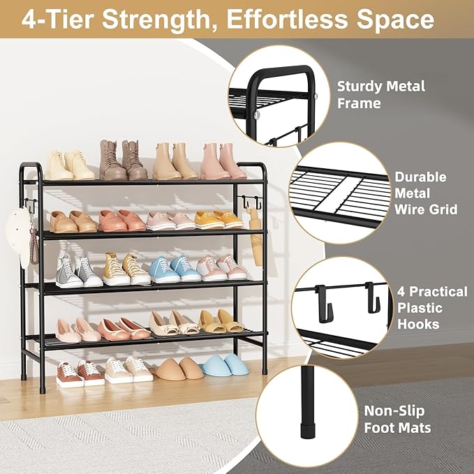 4-Tier Shoe Rack 33" Wide Metal Shoe Organizer Long Shoe Storage with 4 Side Hooks Sturdy Shoes Shelf for Closet, Front Door Entrance, Garage, Dorm, Black