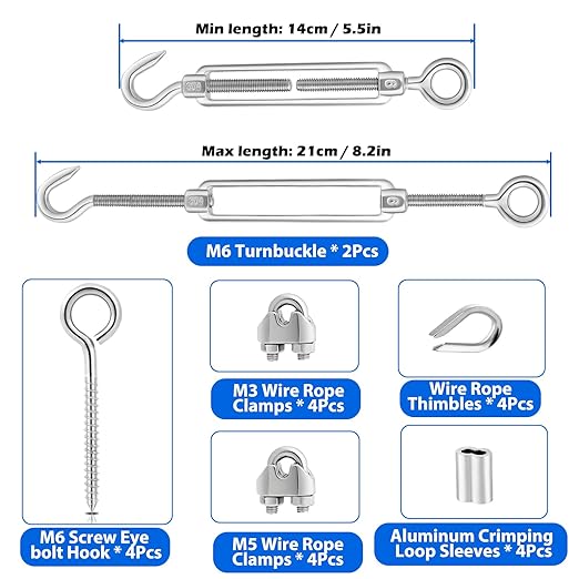 TooTaci 3/16 Wire Rope Kit, 100ft Vinyl Coated Stainless Steel Cable(1/8 Steel Core Overmolded to 3/16 Coated Cable), M6 Turnbuckles for Cables Wire, String Light Hanging, Clothesline, Shade Sail