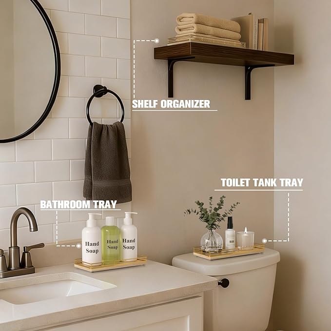 Bathroom Vanity Tray – 12" x 6" Oak Decorative Wooden Tray for Toilet Tank Organizer Wood Tray for Bathroom Countertop, Soap, Perfume & Storage, Vanity & Dresser Decor, Gold & Natural Oak