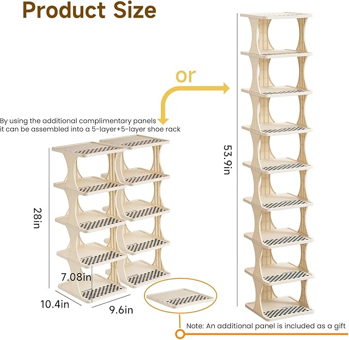 Vertical Shoe Rack 9 Tier Adjustable Shoe Organizer Small Shoe Shelf for Closet, Narrow Entryway, or Bedroom Easy to Assemble and Disassemble Holds Up to 10 Pairs of Shoes (White)
