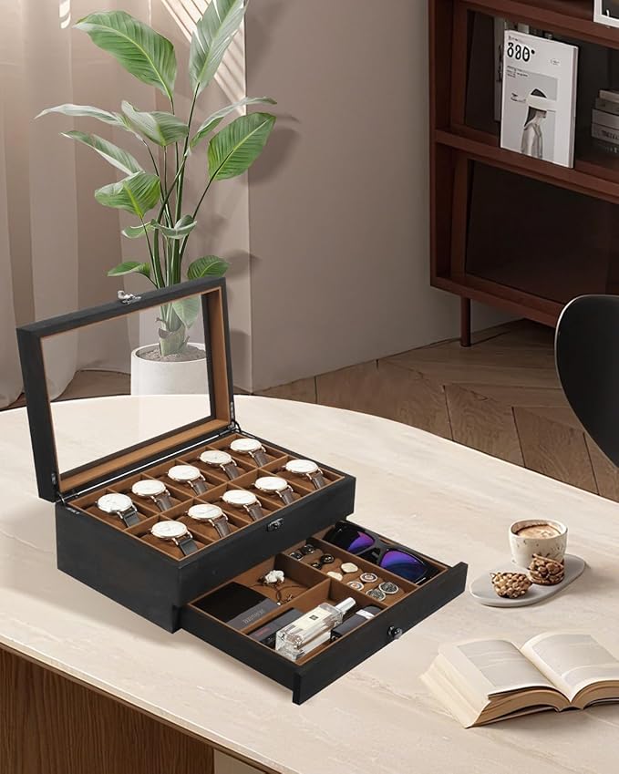Uten 10-Slot Watch Box, 2-Layers Solid Wood Watch Display Case with Glass Lid, Watch Holder Organizer with Soft Pillow and Velvet Lining, Watch and Jewelry Storage Box, Brown