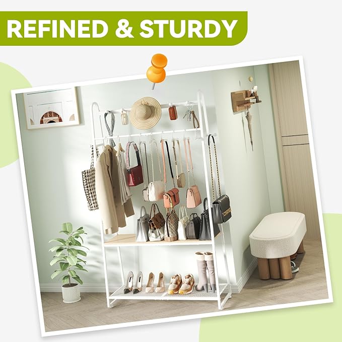 KAFAHOM Purse Rack, Purse Organizer for Closet - Tall Purse Shelf with 8 Hooks & 10 Removable Hangers to Hold Handbags, Backpacks, Pocketbooks., Perfect Purse Display Stand & Storage Tree,White