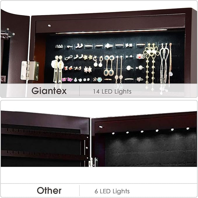 Giantex Jewelry Armoire Organizer with Full Length Mirror, 14 LEDs Floor Standing Jewelry Cabinet with 2 Drawers, 4 Adjustable Angles, Lockable Jewelry Storage Box Cabinet (Brown)