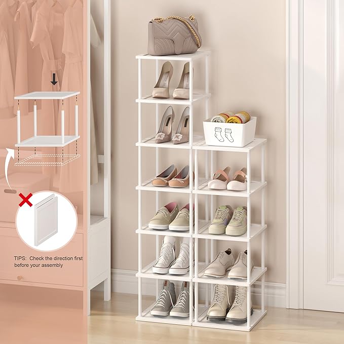 Bamboo Free Standing Shoe Rack Shelf Multi Tier Tall Wooden Stackable Shoes Rack Organizer for Closet Front Door Entrance Narrow Vertical Shoe Storage (White, 12 Tiers)
