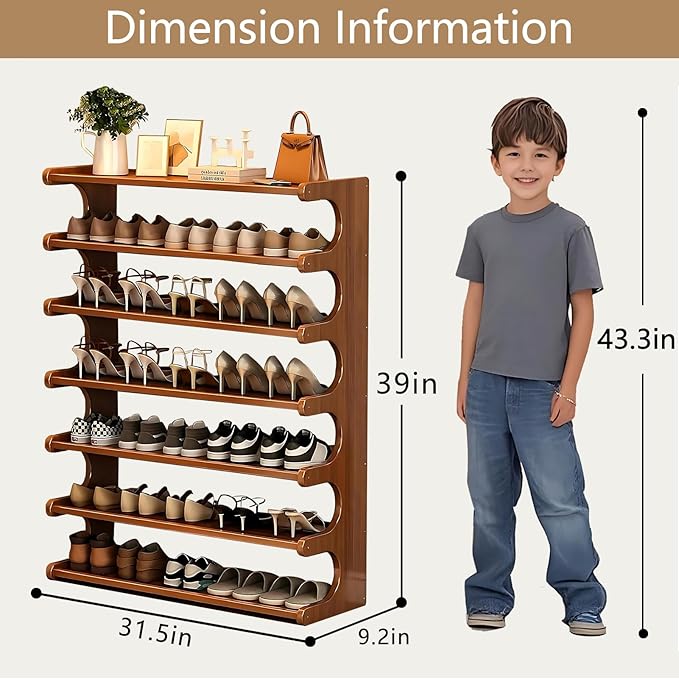 7-Tier Vertical Shoe Rack, Bamboo Free Standing Shoe Rack Shelf, Shoe Storage Stand, Entryway Shoe Tower, Vertical Shoe Organizer for Narrow Closet, Entryway, Hallway
