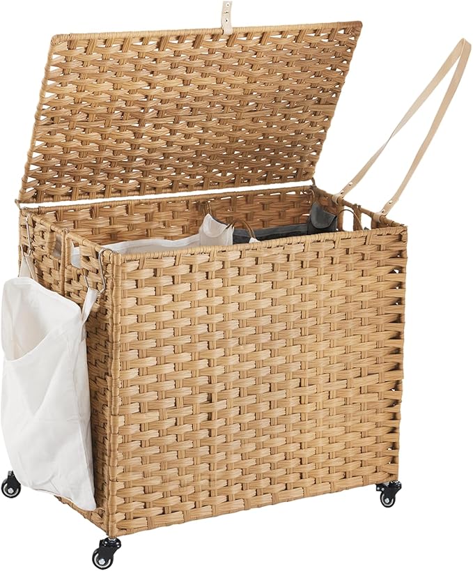 Laundry Hamper with Wheels, 34.3 Gallon(130L) Rolling Laundry Basket with Lid, Removable Large 2 Color Liners & 3 Mesh Laundry Bags, Clothes Hamper with Side Pocket, Natural