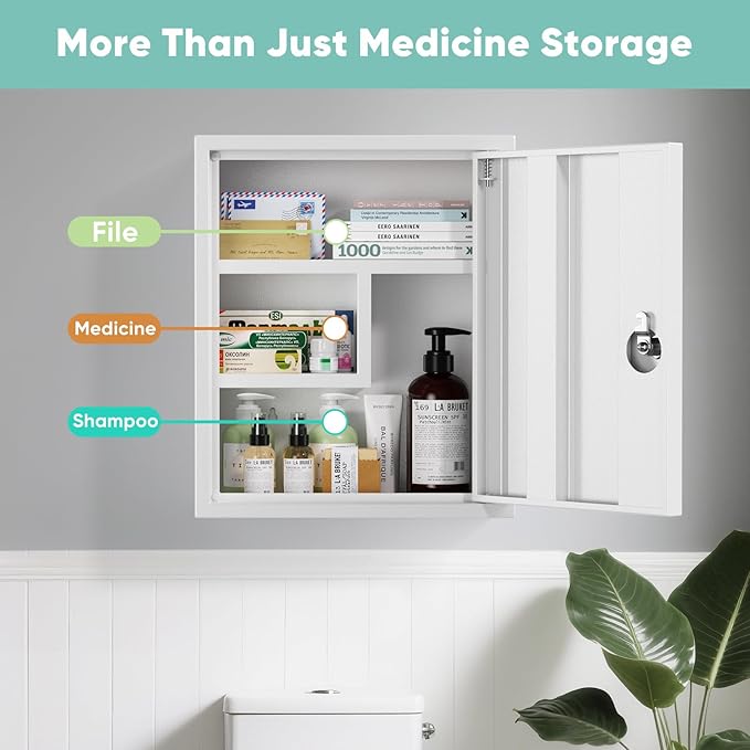 Locking Medicine Cabinet, Empty Metal Medicine Storage Box Wall Mount with All-Metal Digit Lock Keyless, Bathroom Cabinet Organizer Over The Toilet, First Aid Box for Home School Business