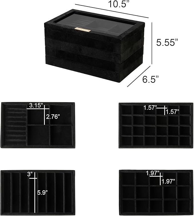 Frebeauty Stackable Jewelry Trays,Velvet Jewelry Organizer for Drawer,5-in-1 Jewelry Storage Box with Lid,Vanity Jewelry Display for Earrings Necklaces Rings,10.5 x 6.5 x 5.55 Inches,Gift for Women