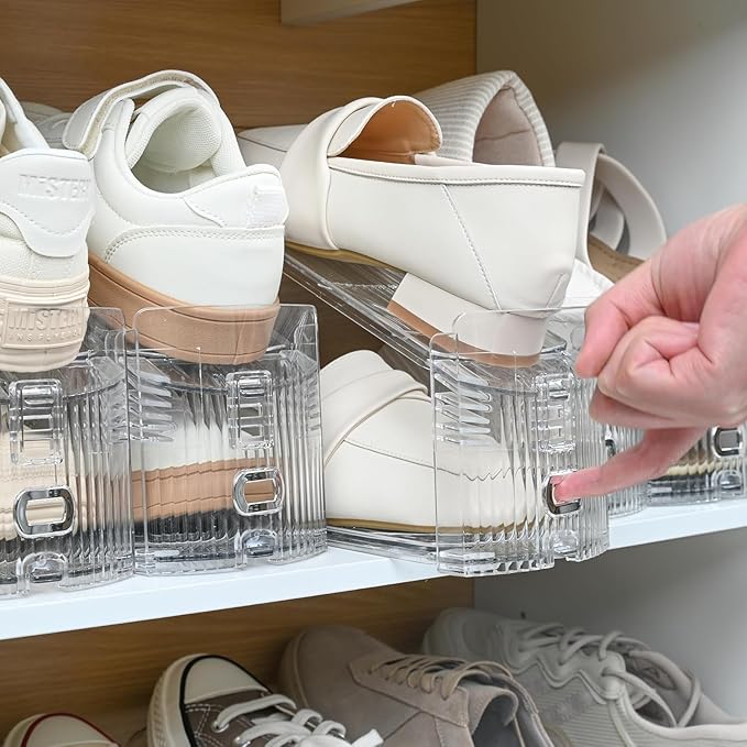 10-Pack Shoe Slot Organizer & Shoe Stacker for Closet, Adjustable Shoe Space Saver, Double Deck Clear Shoe Storage for Small Spaces (Transparent Gold)