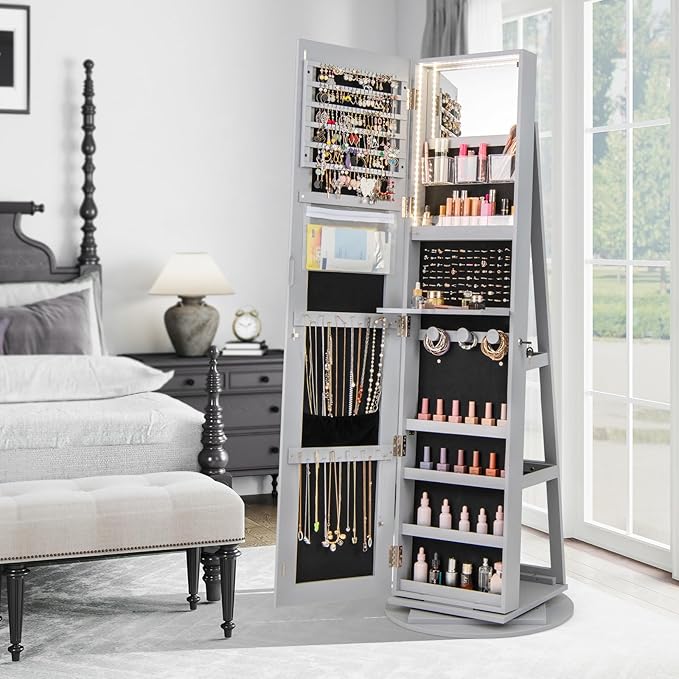Mirror Jewelry Cabinet Standing with Full Length Mirror, 360° Swivel Jewelry Armoire with 3-Color LED Lights & Foldable Makeup Shelf, Lockable Organizer for Women, Space-Saving (Gray)