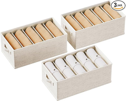 3 Pack Large Wardrobe Clothes Organizer and Storage, Fabric Sweater Organizer for Closet with Handles 5 Grids Foldable Drawer Dividers for Pants, Jeans, T-shirts, 20.8"×11.2"×7.5"